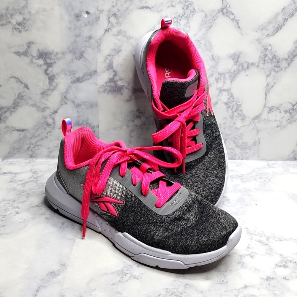 Reebok Girls Gray Glitter Round Toe Lace Up Cushioned Sneaker Shoes